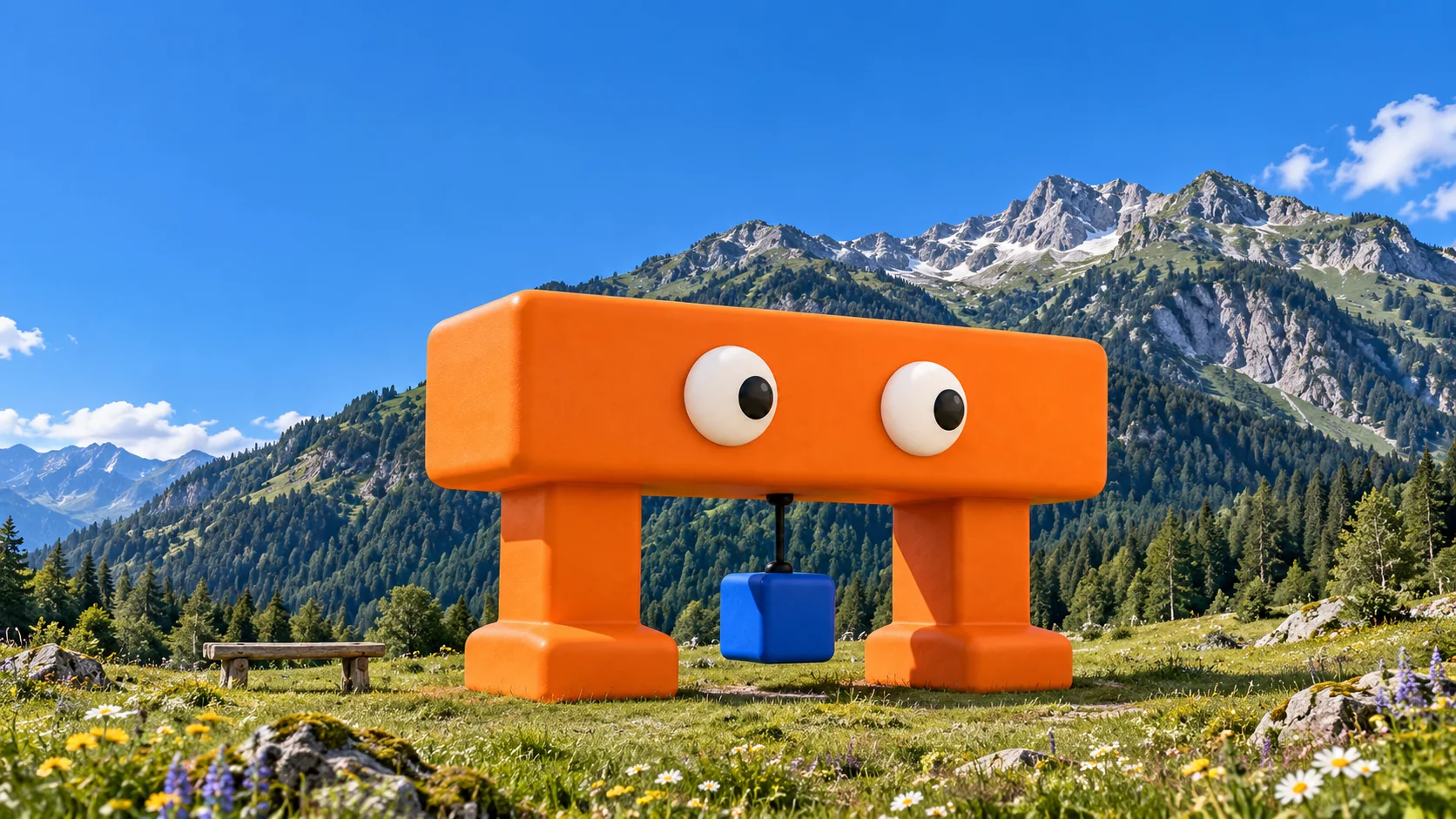 Gant, four metres tall and orange, standing in an alpine meadow: one long beam with two eyes, two legs, and a blue block hanging from a cable under the beam.