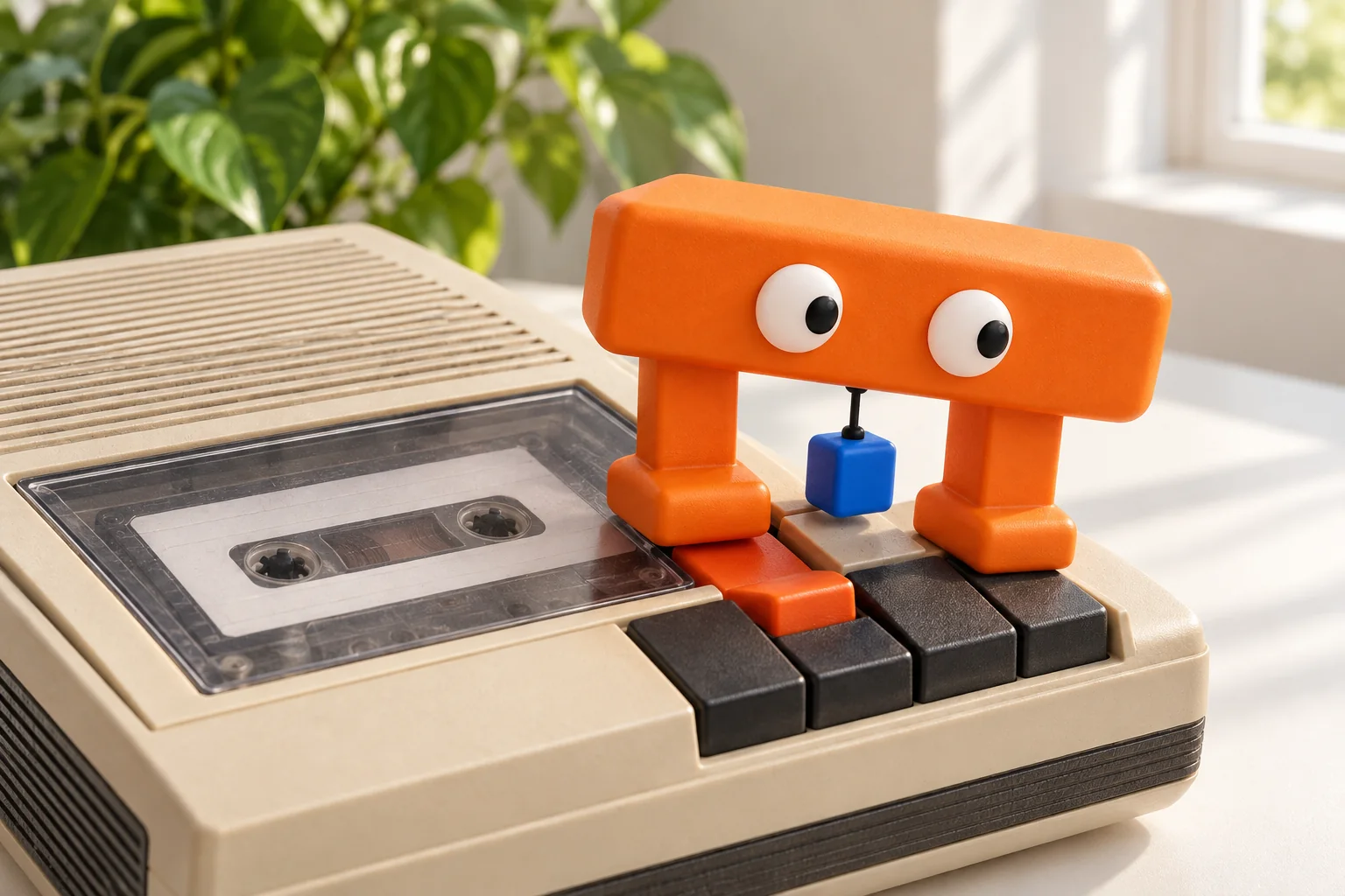 Gant, the Gantry mascot, pressing REC on a cassette recorder